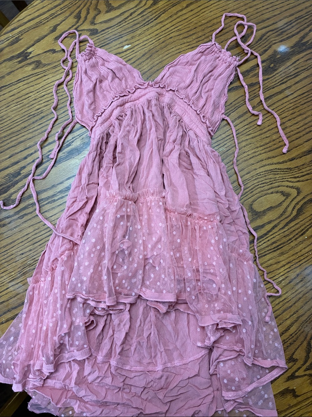 Juniors Salmon Pink Tiered Ruffle Sundress with Polka Dot Overlay
